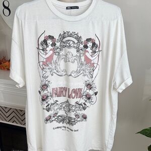 Zara White Graphic Tee with Pink Accents